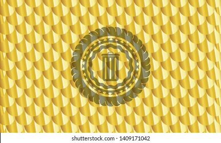 trash can icon inside golden badge. Scales pattern. Vector Illustration. Detailed.