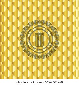 trash can icon inside golden badge. Scales pattern. Vector Illustration. Detailed.