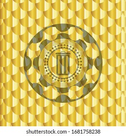 trash can icon inside golden badge. Scales pattern. Vector Illustration. Detailed.