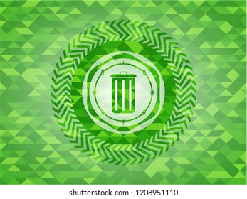 trash can icon inside green emblem with mosaic background
