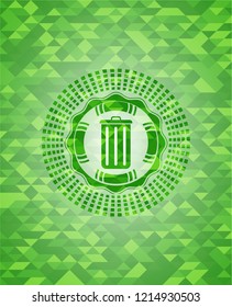 trash can icon inside green emblem with mosaic ecological style background
