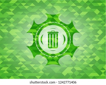 trash can icon inside green emblem with mosaic ecological style background