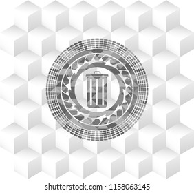 trash can icon inside grey emblem with cube white background
