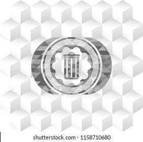trash can icon inside grey emblem. Retro with geometric cube white background