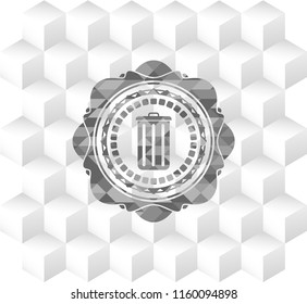 trash can icon inside grey badge with geometric cube white background