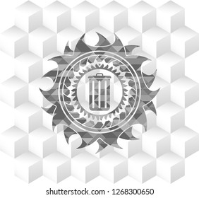 trash can icon inside grey icon or emblem with geometric cube white background