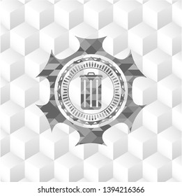 trash can icon inside grey badge with geometric cube white background