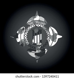 trash can icon inside grey camouflage emblem