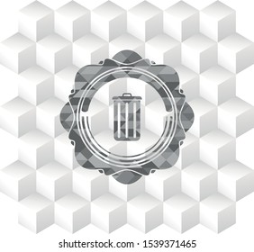 trash can icon inside grey emblem with geometric cube white background