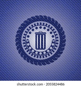 trash can icon inside jean or denim emblem or badge background. 