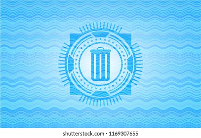 trash can icon inside light blue water wave badge background.