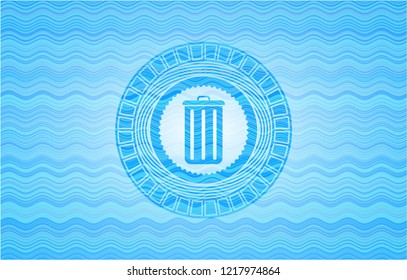 trash can icon inside light blue water emblem background.
