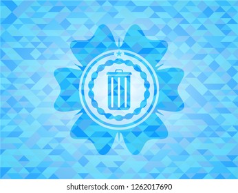 trash can icon inside light blue emblem with triangle mosaic background