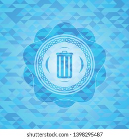trash can icon inside light blue emblem with mosaic background