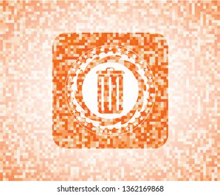 trash can icon inside orange tile background illustration. Square geometric mosaic seamless pattern with emblem inside.