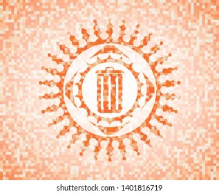trash can icon inside orange tile background illustration. Square geometric mosaic seamless pattern with emblem inside.