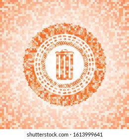 trash can icon inside orange tile background illustration. Square geometric mosaic seamless pattern with emblem inside.
