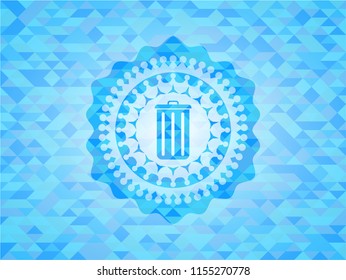 trash can icon inside realistic sky blue mosaic emblem