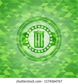 trash can icon inside realistic green emblem. Mosaic background