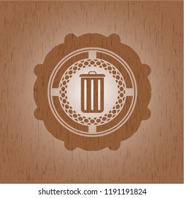 trash can icon inside realistic wooden emblem
