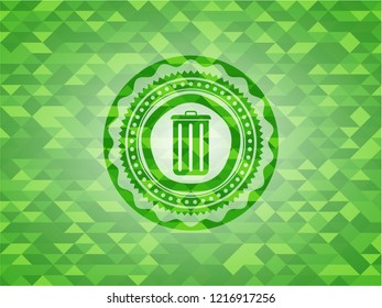 trash can icon inside realistic green mosaic emblem
