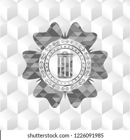 trash can icon inside realistic grey emblem with geometric cube white background