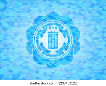 trash can icon inside realistic sky blue emblem. Mosaic background
