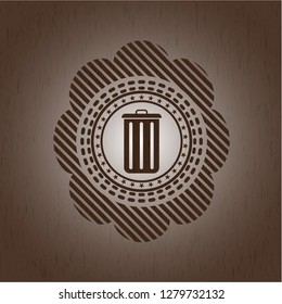 trash can icon inside realistic wooden emblem