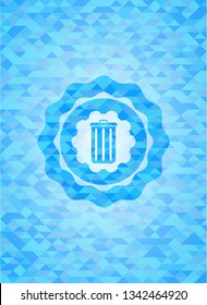 trash can icon inside realistic light blue emblem. Mosaic background