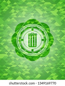 trash can icon inside realistic green emblem. Mosaic background