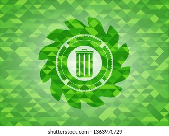 trash can icon inside realistic green mosaic emblem