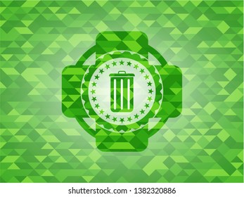 trash can icon inside realistic green emblem. Mosaic background