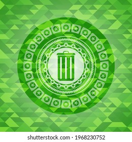 trash can icon inside realistic green emblem. Mosaic background. 