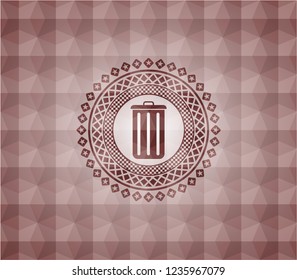 trash can icon inside red seamless emblem with geometric background.