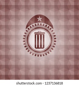 trash can icon inside red seamless emblem with geometric pattern.
