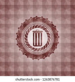 trash can icon inside red seamless emblem or badge with abstract geometric pattern background.