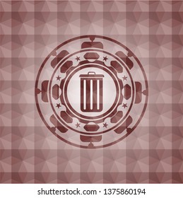 trash can icon inside red seamless emblem with geometric background.