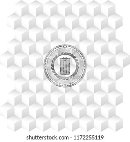 trash can icon inside retro style grey emblem with geometric cube white background