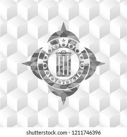 trash can icon inside retro style grey emblem with geometric cube white background
