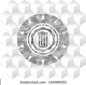 trash can icon inside retro style grey emblem with geometric cube white background