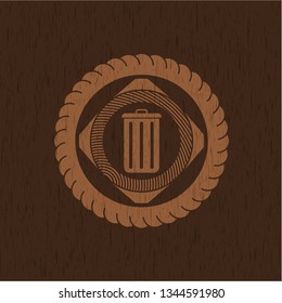 trash can icon inside retro wooden emblem