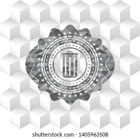 trash can icon inside retro style grey emblem with geometric cube white background