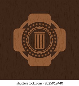 trash can icon inside retro wooden emblem. 