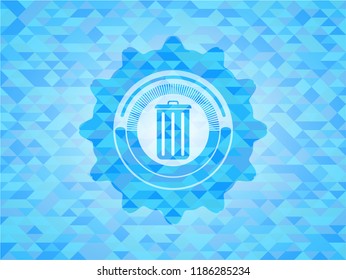 trash can icon inside sky blue emblem. Mosaic background