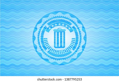 trash can icon inside sky blue water emblem background.