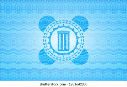 trash can icon inside water wave concept badge.
