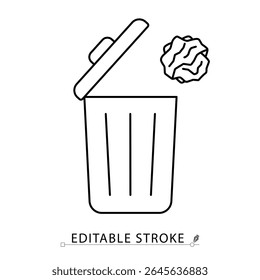 Um ícone de lixeira em estilo minimalista com traçado editável. Recipiente de lixo, lixeira, eliminação de lixo, objeto de reciclagem, equipamento de saneamento, papel amassado, elemento delineado, desenho de linha vetorial.