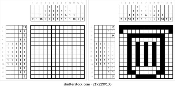 Trash Can Icon Nonogram Pixel Art, Waste Container Icon, Dustbin, Garbage Can Vector Art Illustration, Logic Puzzle Game Griddlers, Pic-A-Pix Picture Paint By Numbers