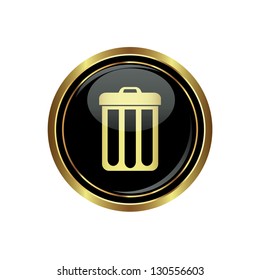 Trash can icon on black with gold button. Vector illustration