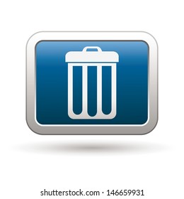 Trash can icon on the blue with silver rectangular button. Vector illustration